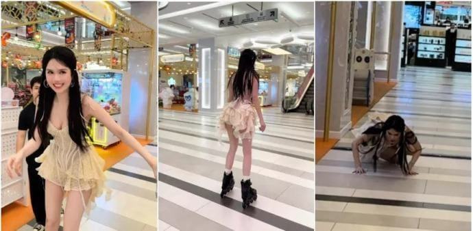 Ngọc Trinh mặc váy ngắn, trượt patin, cười nói vui vẻ tại trung tâm thương mại