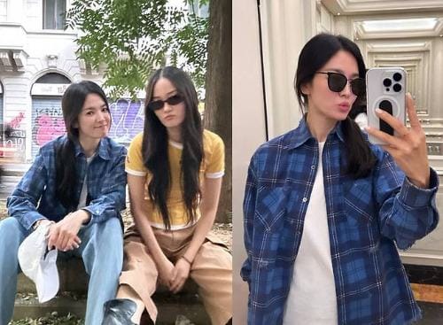 Song Hye Kyo với áo đen và quần jeans thanh lịch.