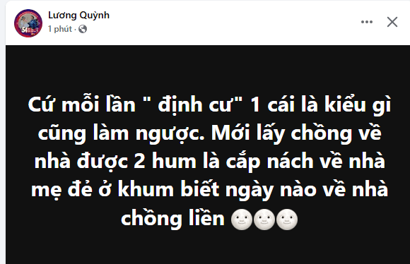 Quỳnh Lương đăng tải dòng trạng thái tiết lộ hiện không ở nhà chồng mà sống tại nhà ngoại