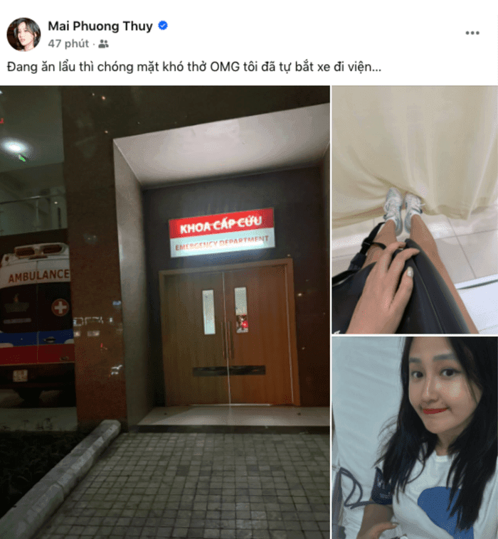 Hoa hậu Mai Phương Thúy nhập viện cấp cứu khi đang ăn lẩu. (Ảnh: FBNV)