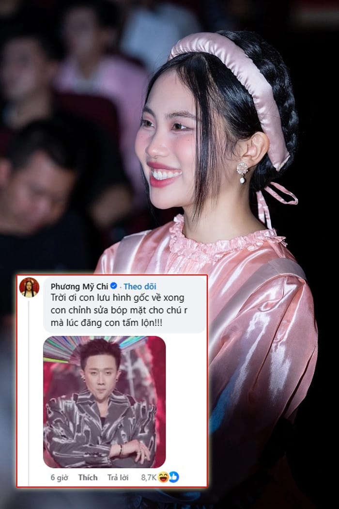 Phương Mỹ Chi 'nhiệt tình quá đà' khi sửa ảnh, bóp mặt thon gọn giúp Trấn Thành. (Ảnh FBNV)